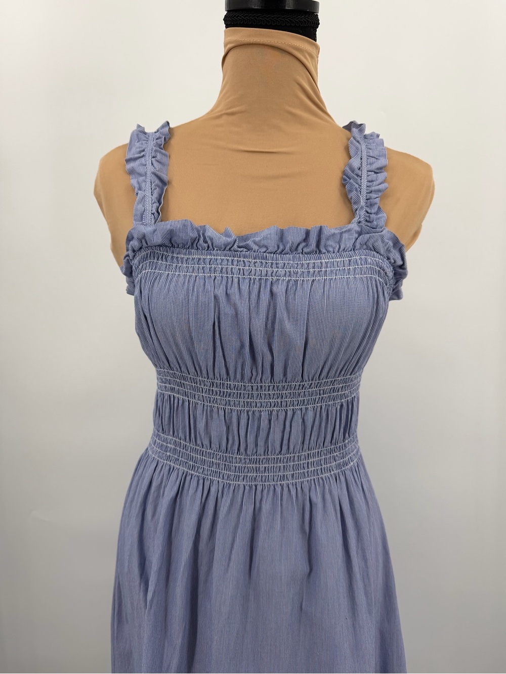 Cotton blue striped Smocked Ruffle Strap Midi Dress XS cottagecore coastal - Picture 5 of 12